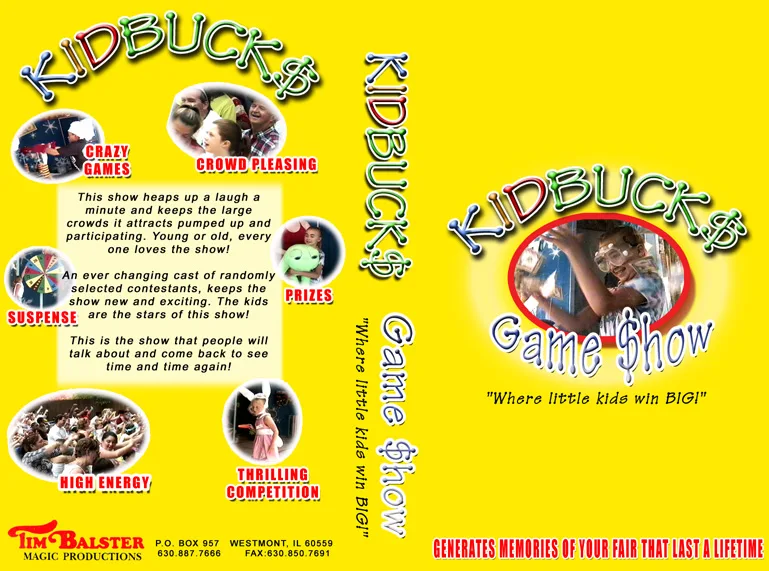 Bright yellow VHS jacket design for the Kid Bucks Game Show, front and back covers with spine